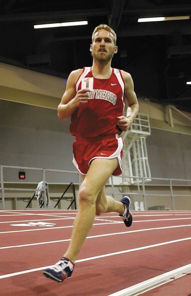 UNM long distance runner Jeremy Johnson competes in the men's 3,000-meter race during the Modrall Sperling Lobo Invitational Indoor Track Meet at the Albuquerque Convention Center on Saturday. Johnson recorded a time of 8:09.94, the fastest time recorded 