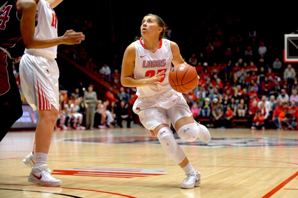 Sophomore guard Laneah Bryan prepares to shoot against a New Mexico State player at WisePies Arena Sunday afternoon.  The Lobos lost to the Aggies 52-47