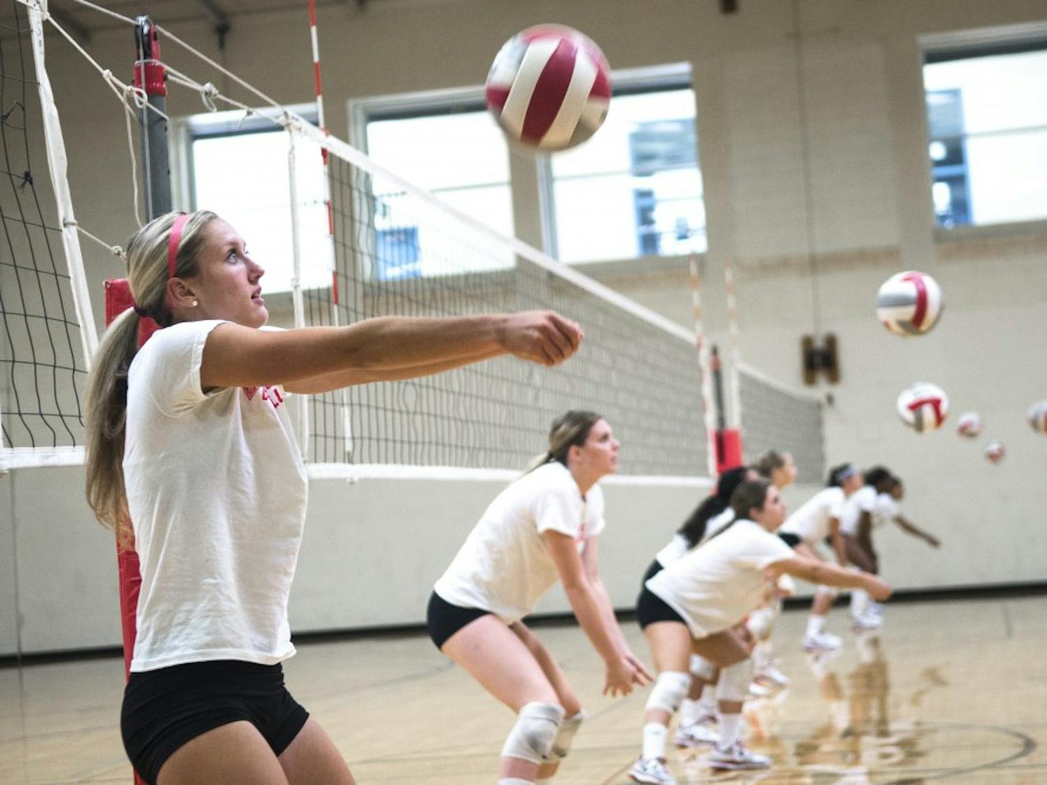 	New Mexico volleyball setter Hannah Johnson runs drills with her teammates at Johnson Gym on Aug. 11. The volleyball team was recently recognized in the American Volleyball Coaches Association Division I Preseason Poll with nine points placing them among the Top 40 teams.