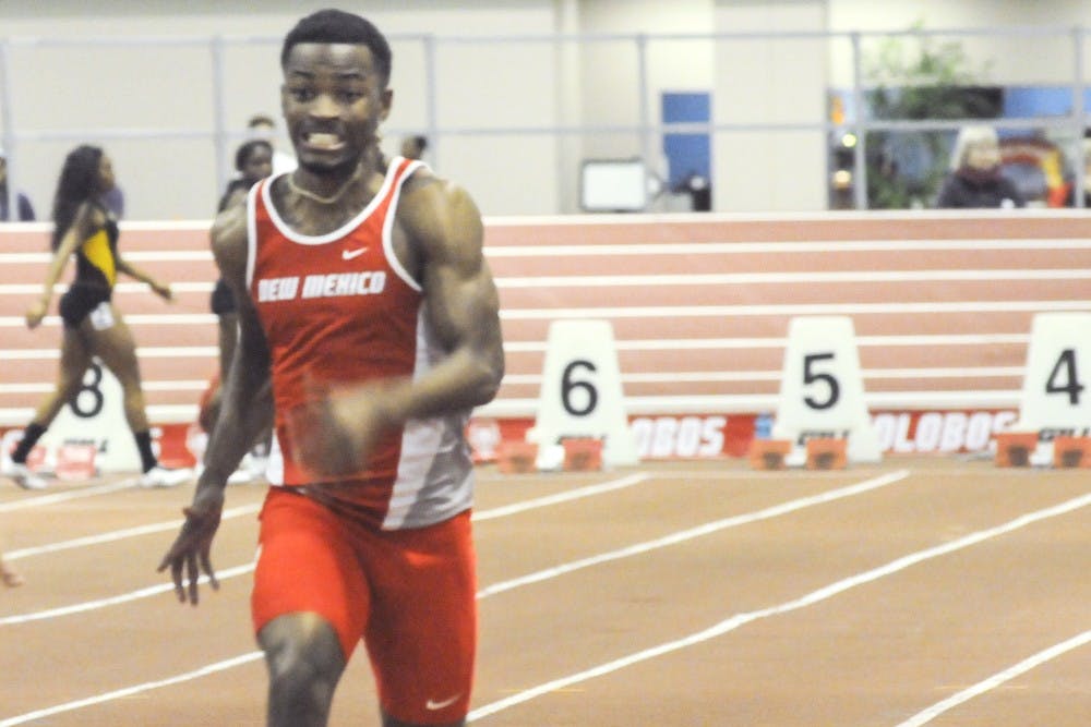 New Mexico sprinter Ridge Jones competes at the New Mexico Collegiate Invitational at the Albuquerque Convention Center on Saturday. New Mexico had record breaking efforts at the invitational including Jones who tied the record for the 60 meter dash.