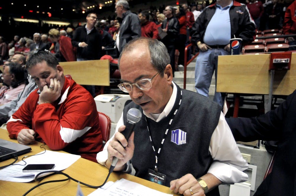 Public address announcer Stu Walker speaks at WisePies Arena in this undated photo. Walker passed away at the age of 61 after being the announcer for Lobo games for 20 years.