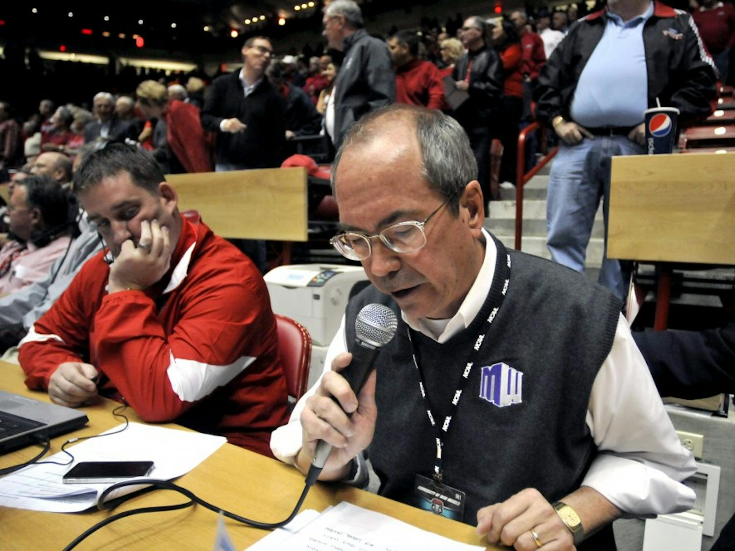 Public address announcer Stu Walker speaks at WisePies Arena in this undated photo. Walker passed away at the age of 61 after being the announcer for Lobo games for 20 years.