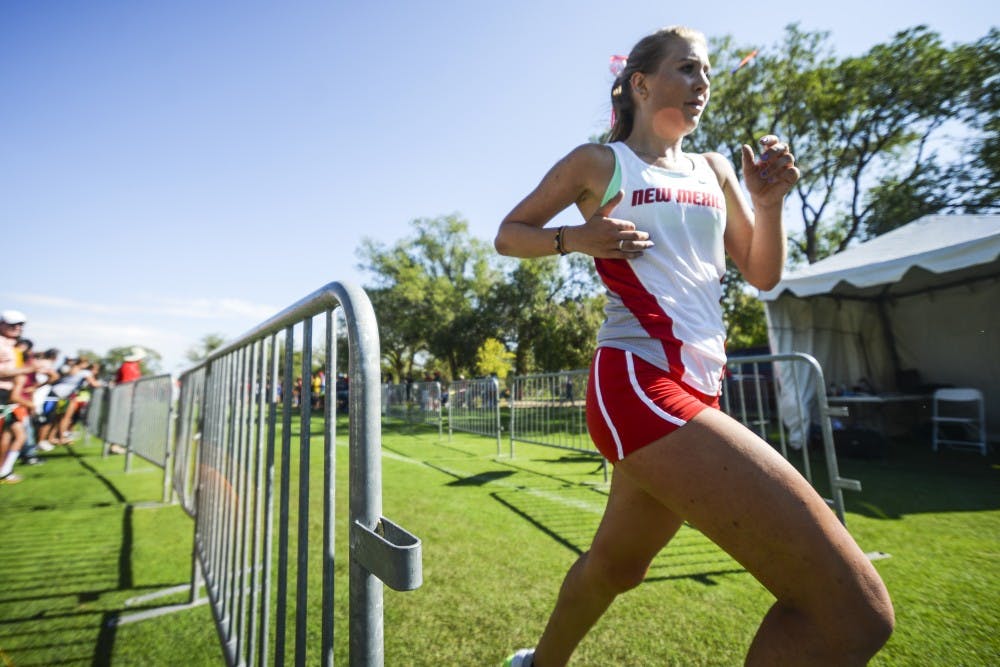Senior runner&nbsp;Ruth Haynes&nbsp;crosses the finish line at the Lobo Invitational Saturday, September 3, 2016 at UNM's North Golf Course.&nbsp;