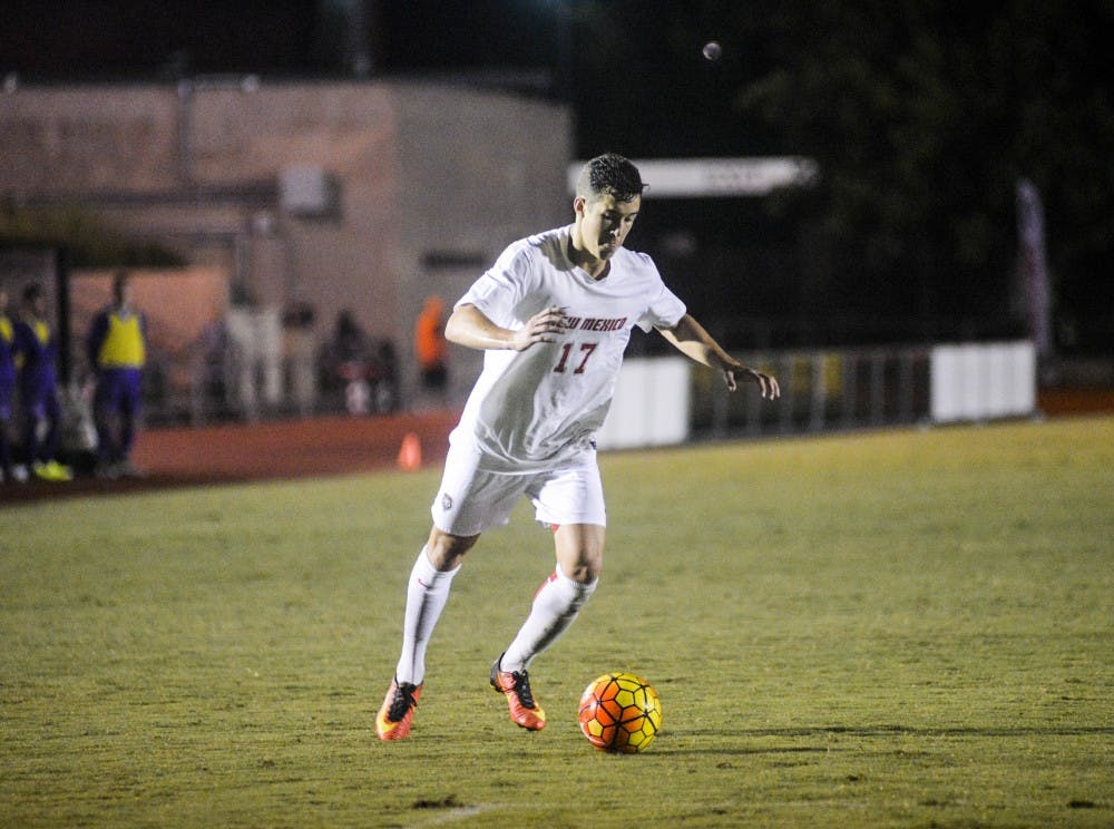 Defender Aaron Herrera defends the ball against Grand Canyon University on September 11, 2016. Herrera assisted Nick Taylor in the opening goal against Air Force on Aug. 12, 2017 at the Soccer Complex. The Lobos won 3-1. 