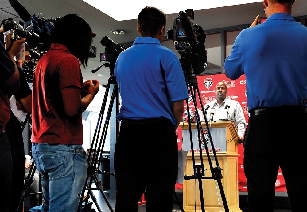 	UNM head football coach Mike Locksley takes questions at the weekly fall news conference regarding the Lobos’ Saturday home opener against Texas Tech. Locksley told the Daily Lobo that he is aware of the investigation involving several Lobo football players.