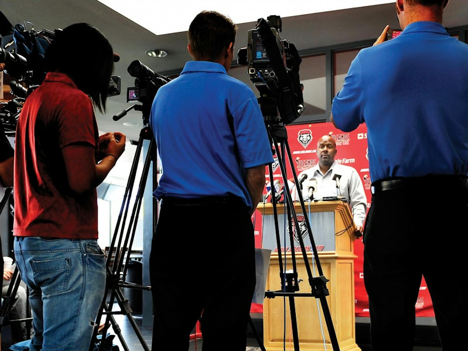 	UNM head football coach Mike Locksley takes questions at the weekly fall news conference regarding the Lobos’ Saturday home opener against Texas Tech. Locksley told the Daily Lobo that he is aware of the investigation involving several Lobo football players.