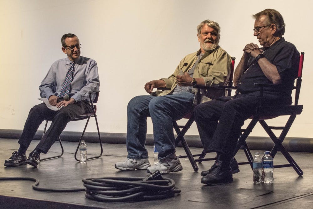 Tom Azzari, right, and Tom Cherones, center, UNM alumni, talk about their experiences working on the set of the television series&nbsp;“Seinfeld” during the "Master of Your Domain" Town Hall hosted at Rodey Theatre, on Tuesday, September 26, 2017. David Weiss, far left, Department Chair of the UNM Communications and Journalism Department moderated the panel discussion.
