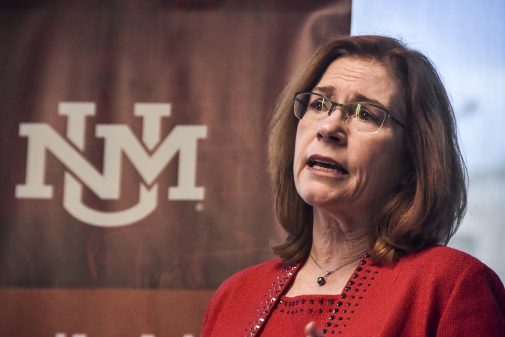 UNM President Garnett S. Stokes tells reporters about her future plans for the University on March 5, 2018 at Popejoy Hall.