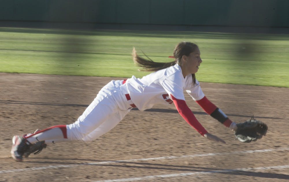 UNM infielder Karissa Haleman tries to catch the ball during a Mountain West game against Nevada Thursday at the Lobo Field. The Lobos beat the Wolfpack in the first game of their series.