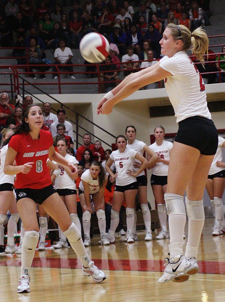 	Lisa Meeter volleys the ball against BYU on Saturday at Johnson Gym. The Lobos came out victorious, sweeping the Cougars 3-0.