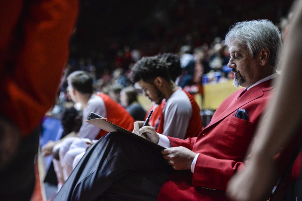 Head Lobo basketball coach Craig Neal prepares before a game against Abilene Christian Wednesday, Nov. 30, 2016 at WisePies Arena. The Lobos will play the San Diego State Aztecs this Sunday in hopes to defeat them on the road for the first time since 2012.&nbsp;