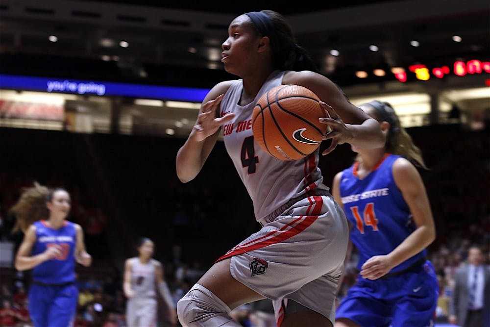 Lobo senior&nbsp;Alex Lapeyrolerie dribbles the ball during a game&nbsp;against Boise State at Dreamstyle Arena on Jan. 3, 2018. Lobos win 100-83.