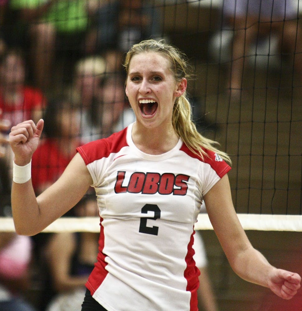 	Lisa Meeter of the UNM volleyball team is joyous in the Lobos sweep of Air Force Thursday at Johnson Center. The Lobos advance to 1-1 in Mountain West Conference Play and improve to 9-6 on the season.