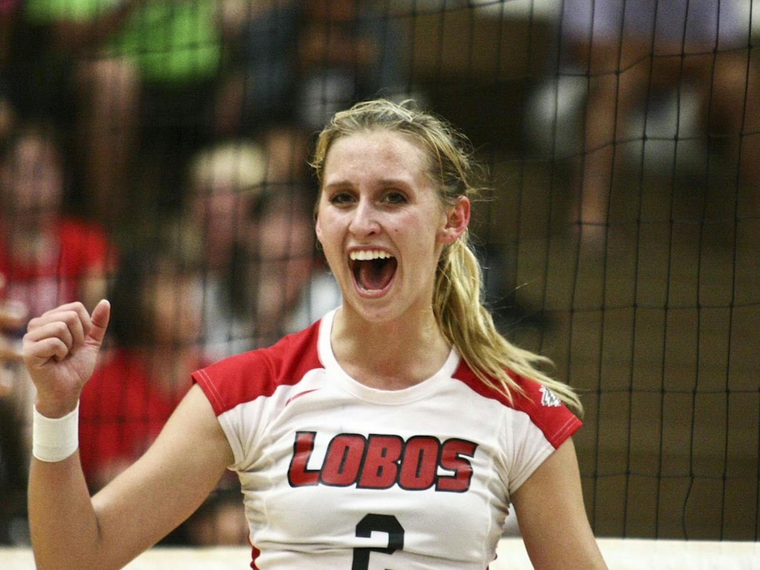 	Lisa Meeter of the UNM volleyball team is joyous in the Lobos sweep of Air Force Thursday at Johnson Center. The Lobos advance to 1-1 in Mountain West Conference Play and improve to 9-6 on the season.