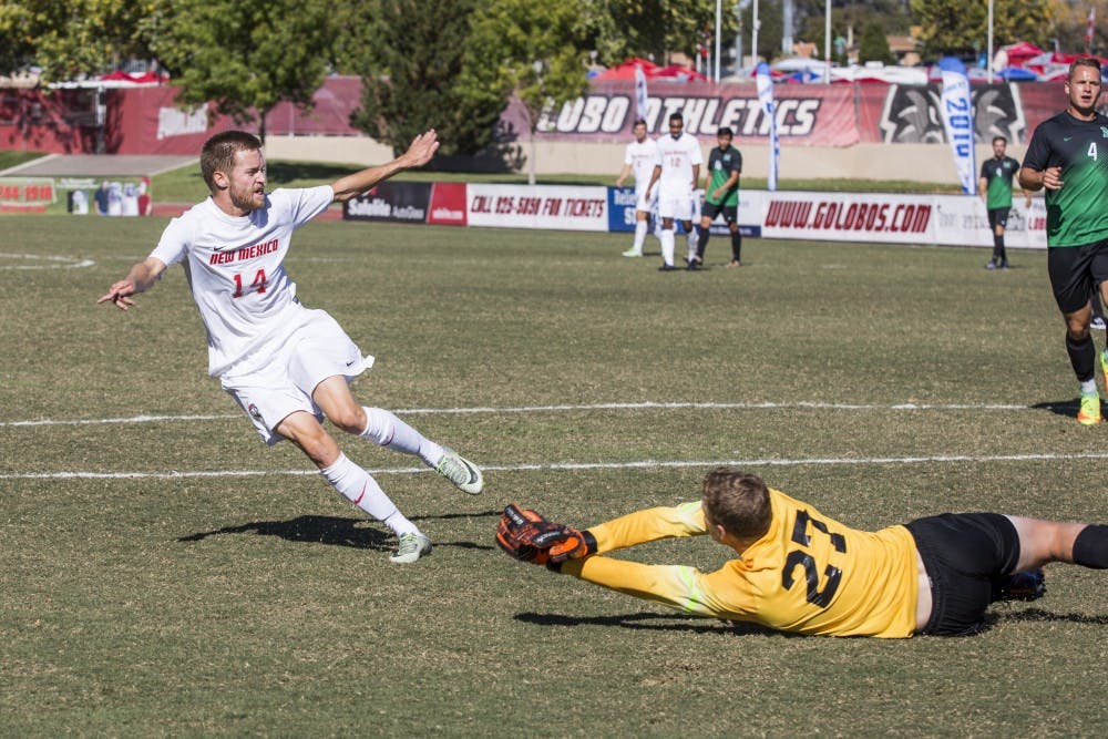 Redshirt senior midfielder Chris Wehan fires a shot past a Marshall goalkeeper to score the Lobos second goal at the UNM Soccer Complex Saturday, Oct. 22, 2016. The Lobos&nbsp;will play UAB this Wednesday.&nbsp;