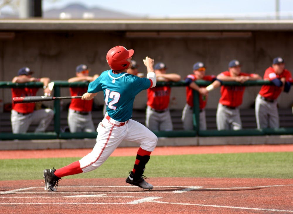 Senior infielder Dalton Bowers watches his home run leave the yard against Dallas Baptist on March 6, 2016 at Santa Ana Star Field. The Lobos beat San Francisco 12-3 on Wednesday in California to move to 24-10 on the year.&nbsp;