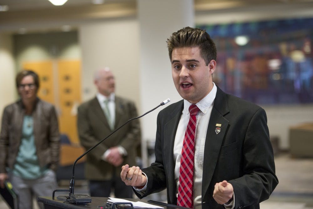 ASUNM President Kyle Biederwolf speaks during a press conference on Thursday, Jan. 19, 2017 at the SUB.