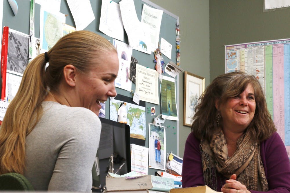 Melissa Pardi&nbsp;and Felisa Smith (right)&nbsp;talk about the effects of the mammoth extinction on ecosystems during an interview Thursday afternoon. Their submitted research findings touched on certain wildlife and natural habitats going on decline.&nbsp;