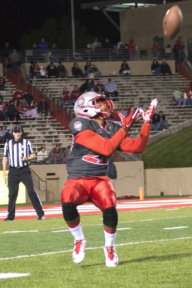 New Mexico wide receiver Chris Davis prepares for the ball during the Oct. 10 game against San Diego State. New Mexico will look to break through Air Force’s 3-4 defense when it travels to Colorado Springs, Colorado on Saturday to take on AFA at Falcon Stadium. The Lobos are 10-point underdogs against the Falcons.
