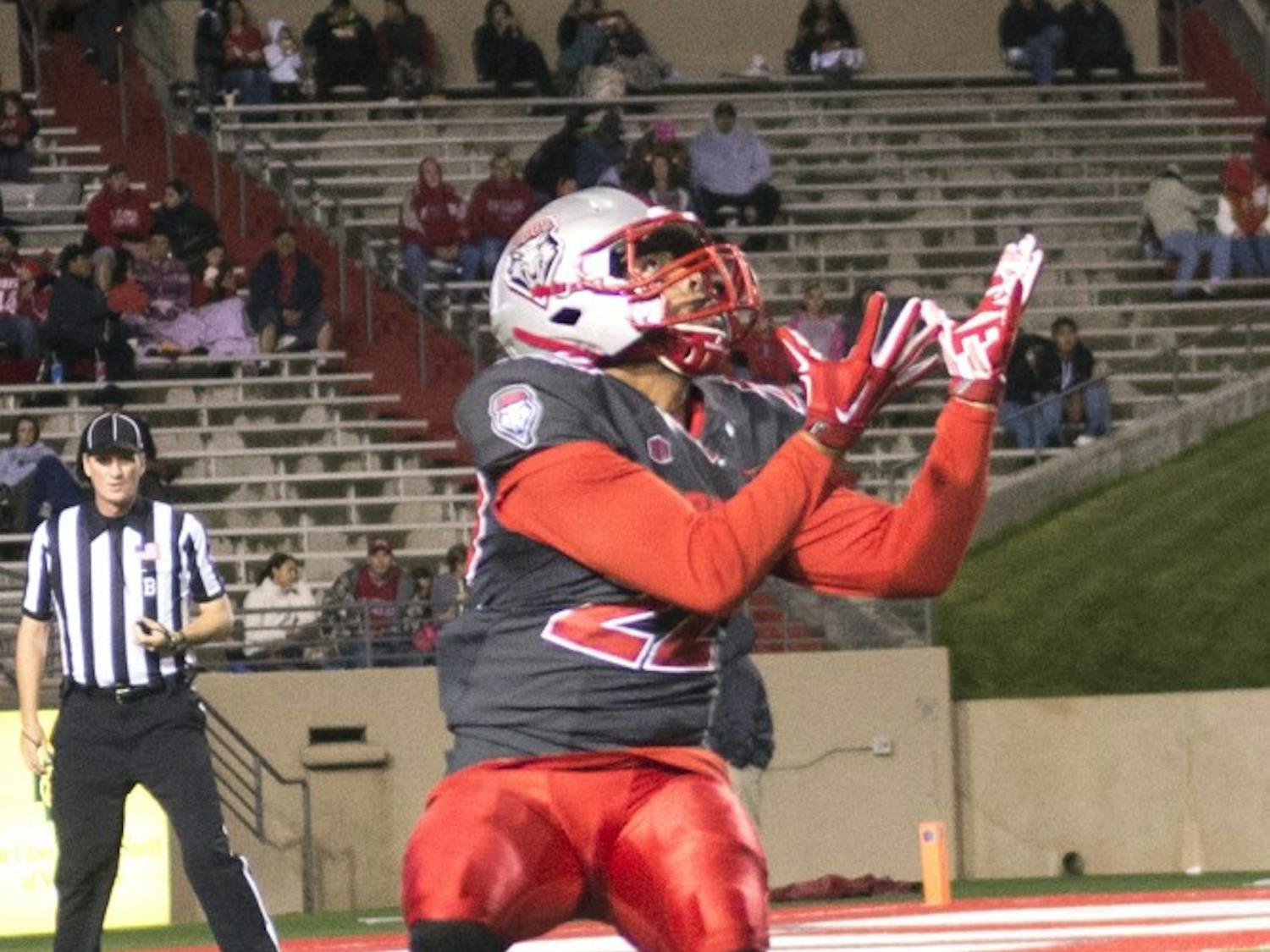 New Mexico wide receiver Chris Davis prepares for the ball during the Oct. 10 game against San Diego State. New Mexico will look to break through Air Force’s 3-4 defense when it travels to Colorado Springs, Colorado on Saturday to take on AFA at Falcon Stadium. The Lobos are 10-point underdogs against the Falcons.