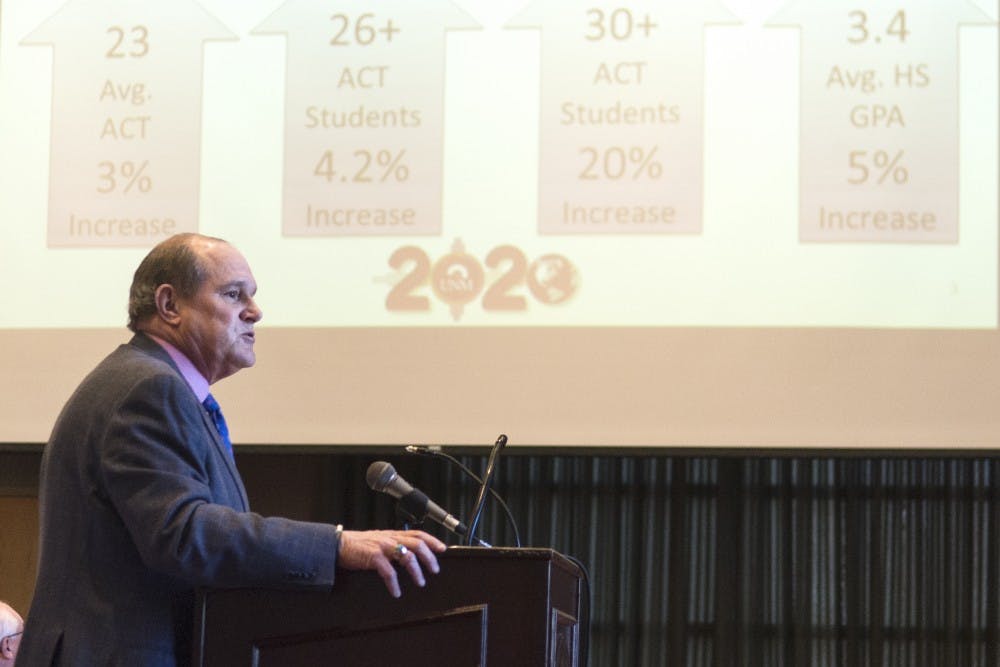 UNM President Robert Frank speaks to the Board of Regents during Fridays meeting. According to Frank, UNM has made progress on 18 out of the 27 goals in his strategic eight year plan and completed four of them.