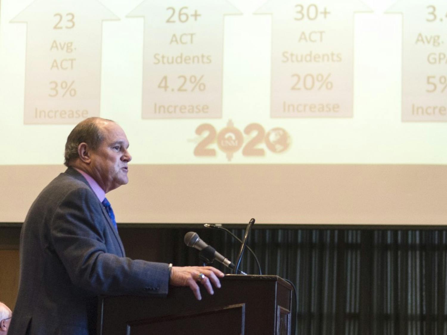 UNM President Robert Frank speaks to the Board of Regents during Fridays meeting. According to Frank, UNM has made progress on 18 out of the 27 goals in his strategic eight year plan and completed four of them.