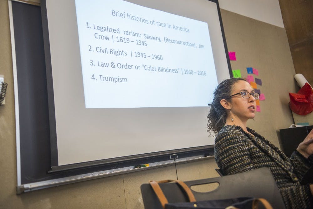 Jennifer Tucker speaks during a teach in at George Pearl Hall Tuesday, Feb. 28, 2017. Tucker and students within the class spoke to attendees about issues related to racism historically and "Trumpism".
