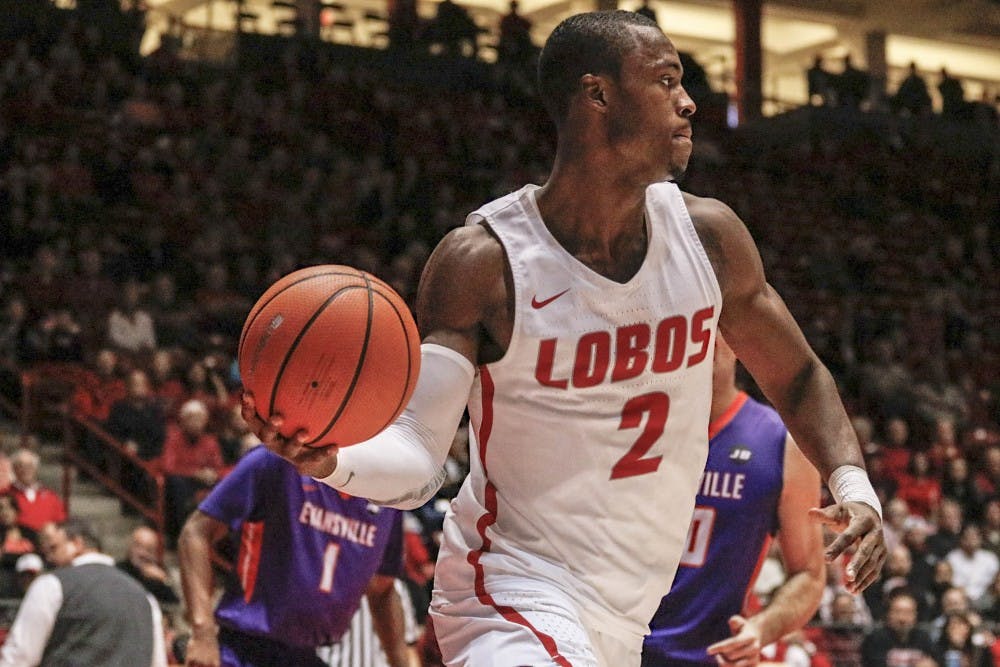 Sam Logwood plays against the Evansville Purple Aces on November 29, 2017.  UNM bested the Purple Aces with a 78-59 win. 
