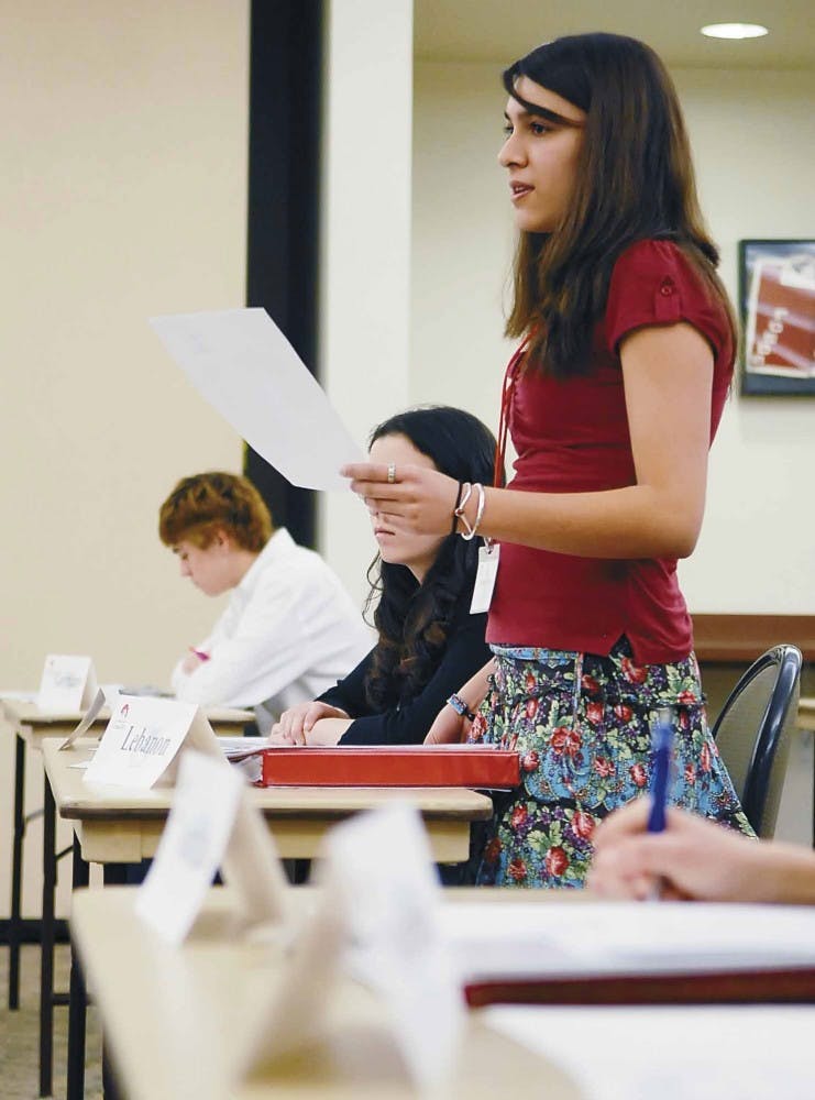 La Cueva High School student Adeline Murphy addresses the General Assembly at a conference hosted by UNM's Model U.N. on Saturday in the SUB. 