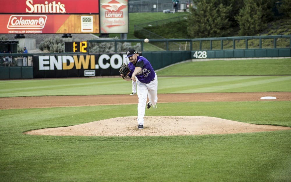 David Holmberg delivers a warmup pitch prior to the second inning of the April 10, 2018&nbsp;game at Isotopes Park. The Isotopes won 7-3.