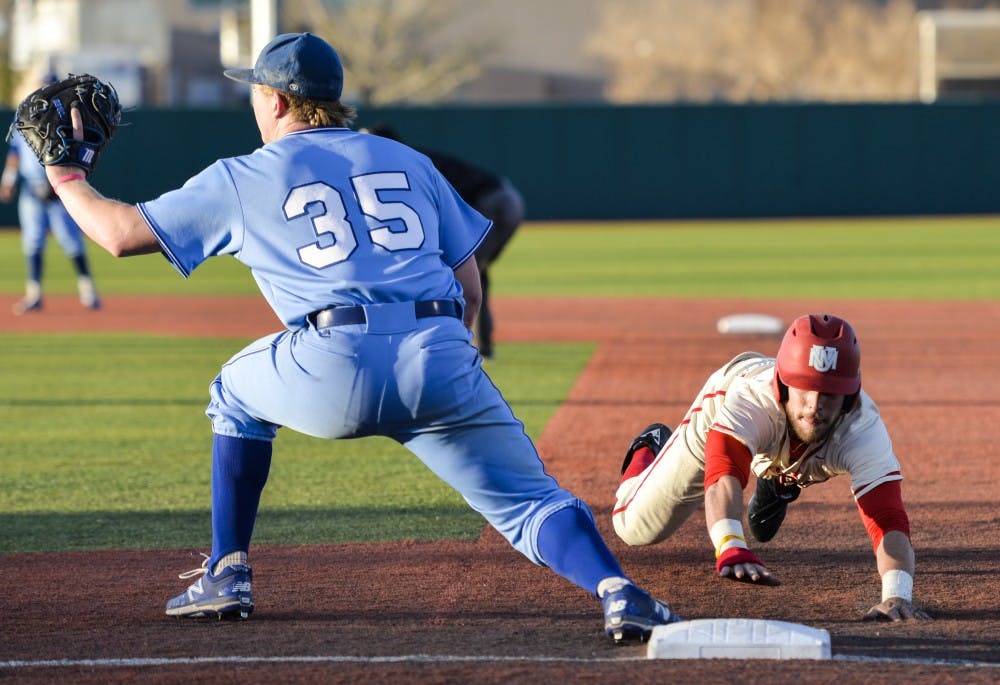 Sophomore Luis Gonzalez slides back to first base as a San Jose State pitcher attempts to get him Friday night at Santa Ana Star Field. The Lobos beat the Spartans 9-6.