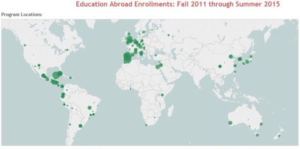 Green dots represent Education Abroad Enrollments. 