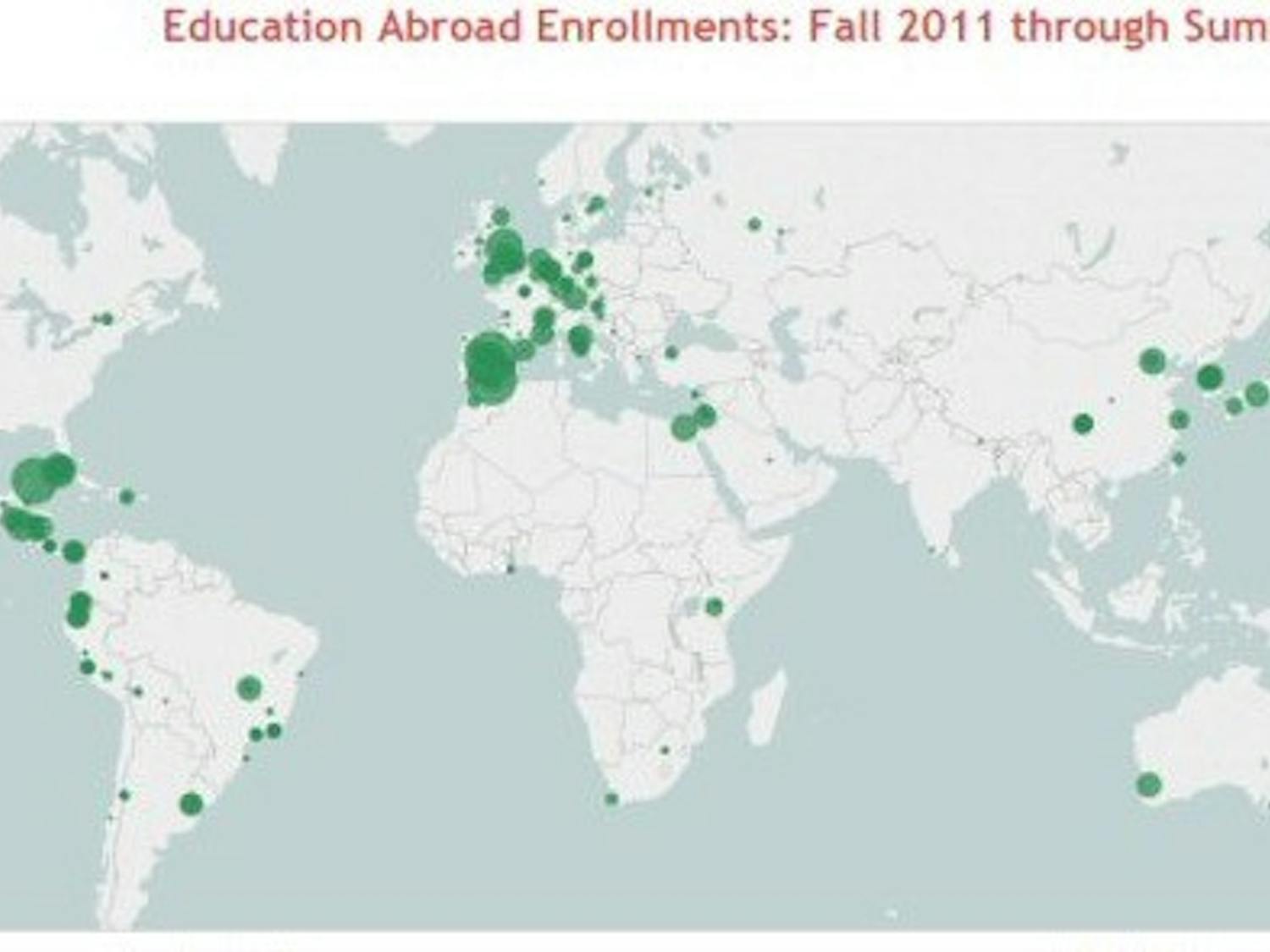 Green dots represent Education Abroad Enrollments. 