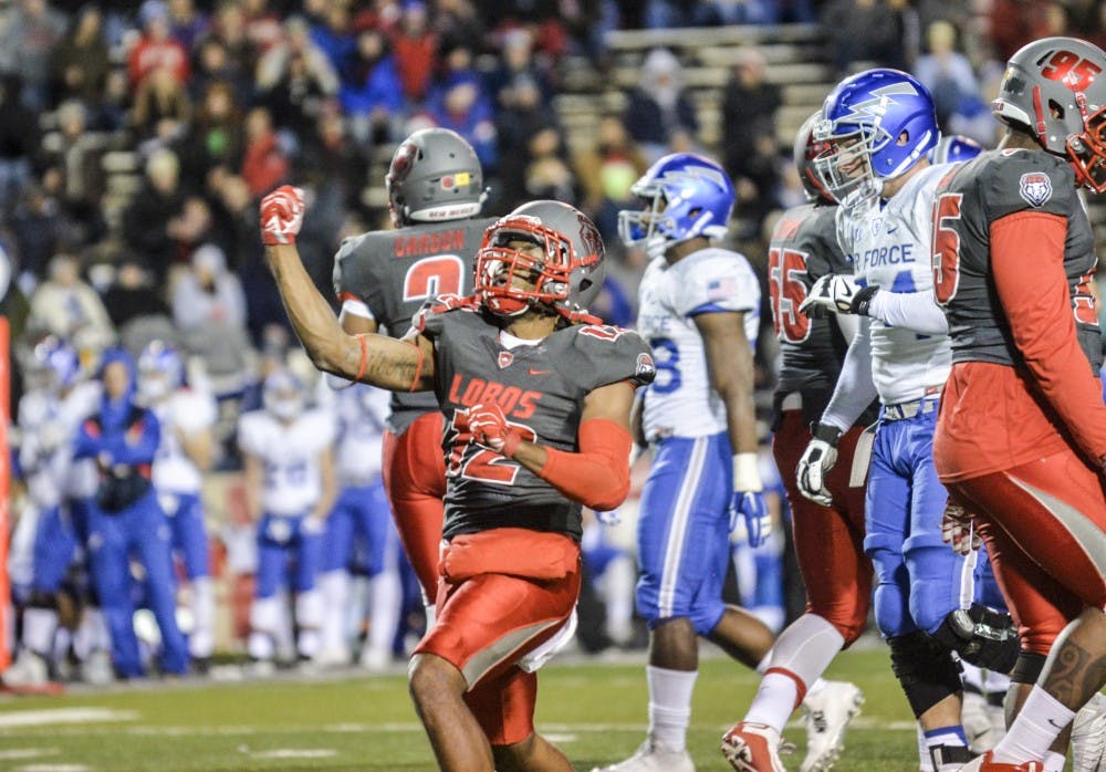 Redshirt junior safety Ryan Santos celebrates after stopping Air Force at University Stadium Nov. 29. UNM will play in the New Mexico Bowl for the first time since 2007.&nbsp;