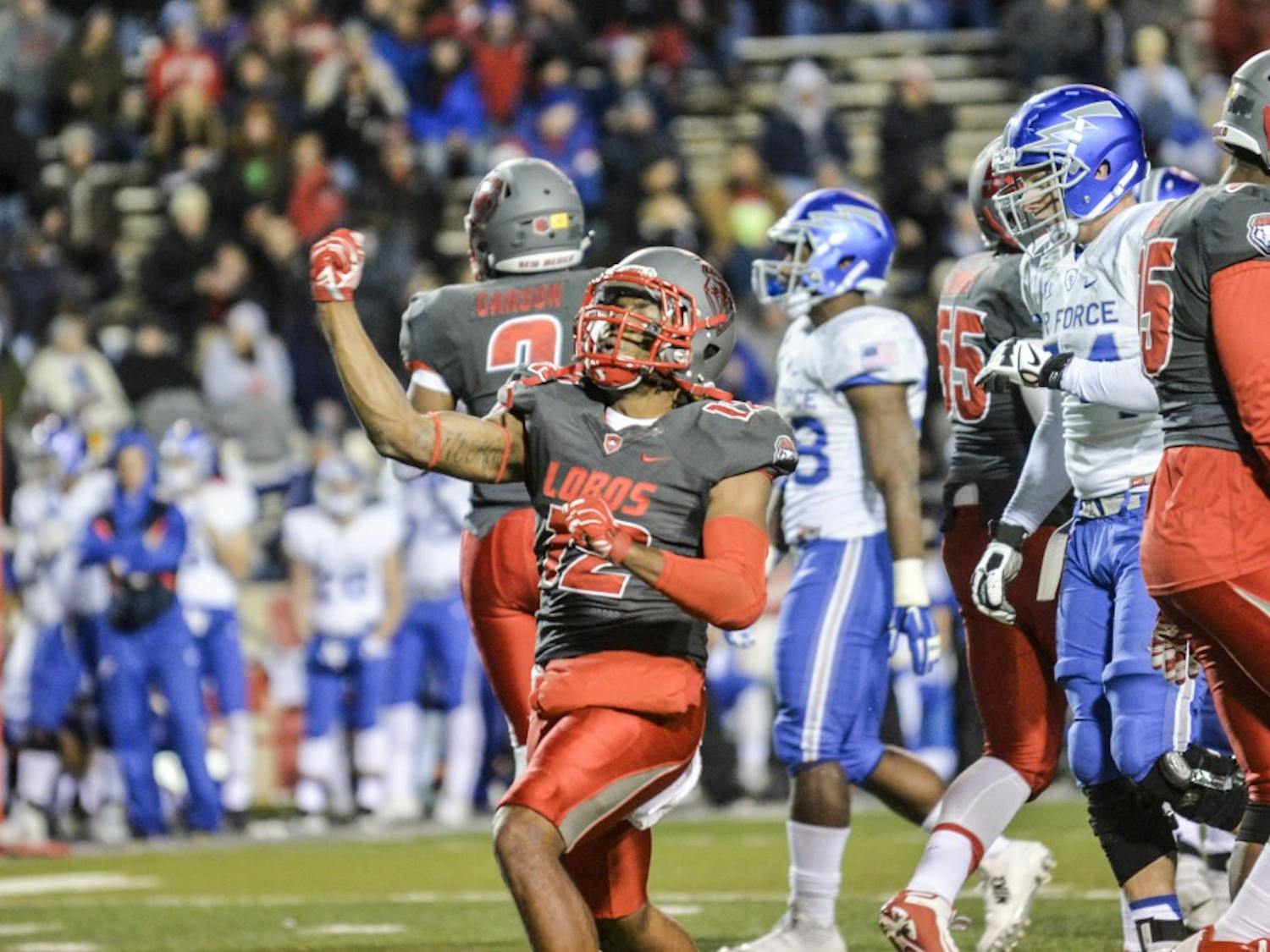 Redshirt junior safety Ryan Santos celebrates after stopping Air Force at University Stadium Nov. 29. UNM will play in the New Mexico Bowl for the first time since 2007.&nbsp;