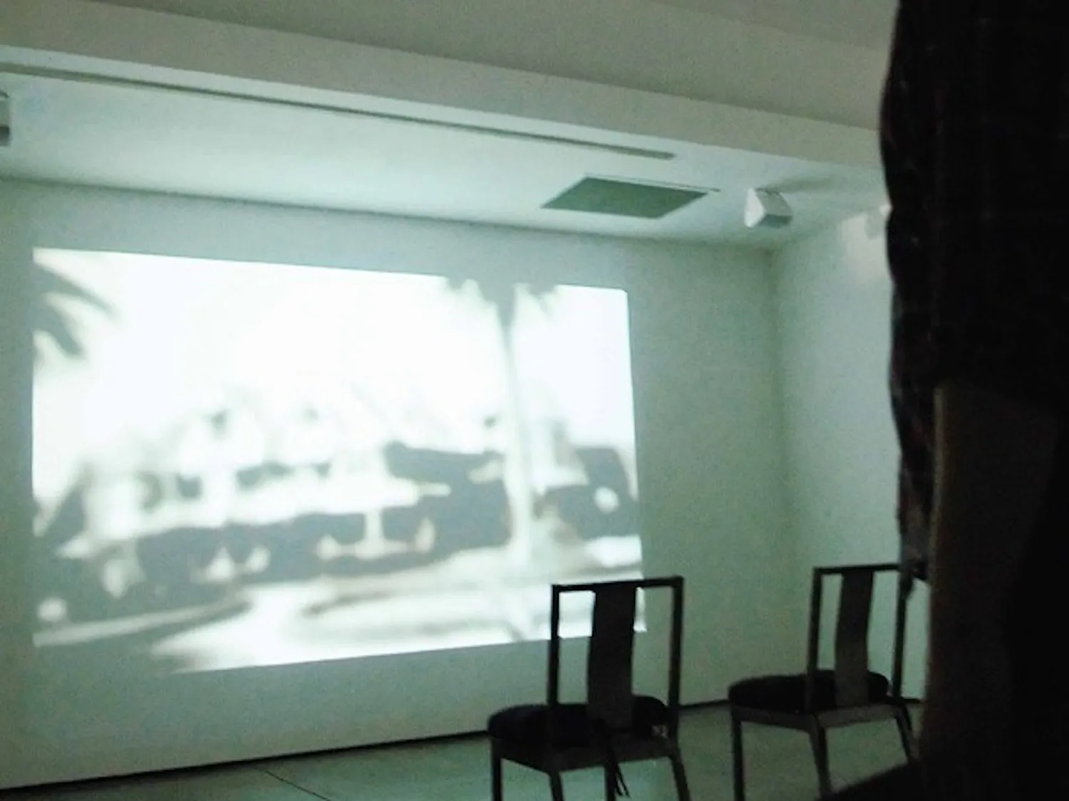 Bryan Kaiser, educational coordinator for 516 Arts, watches Jeremy Blake's "Winchester" video Tuesday at 516 Arts. The video is part of an international exhibit called "Ghosts in the Machine."