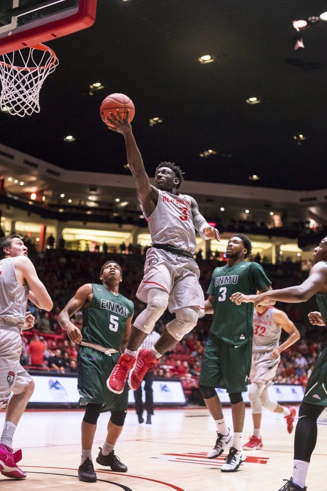 Jordan Hunter (3) makes a layup against the Eastern New Mexico Greyhounds at Wiespies Arena aka The Pit on November 4th 2016.