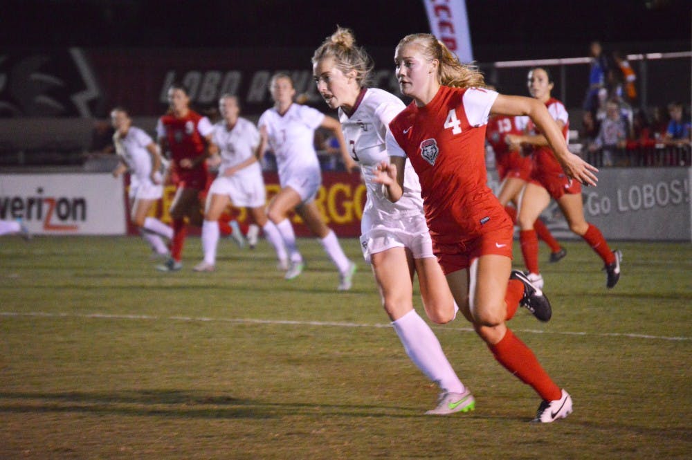 New Mexico midfielder Lindsey Guice (4) chases after the ball alongside a Florida State defender during their game Aug. 21 at the UNM Soccer Complex. Off to a 1-3 start, the Lobos host Idaho State at 2 p.m. Thursday.