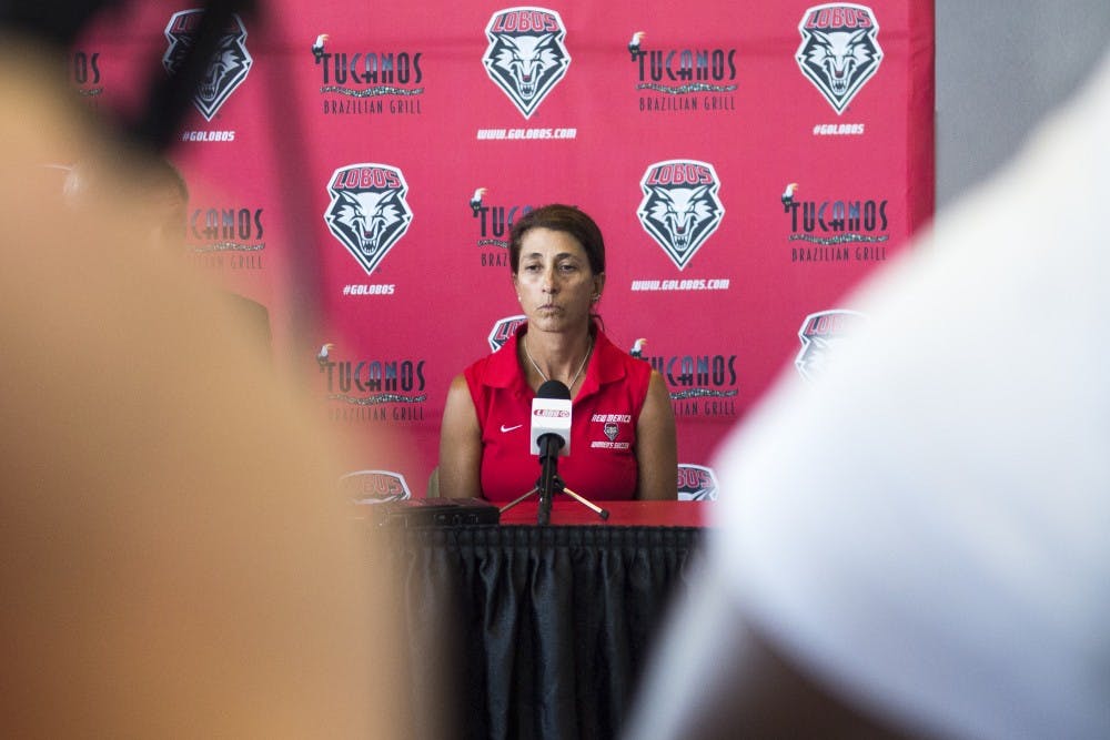 	New Mexico women’s soccer Head Coach Kit Vela awaits questions from the media at the Tow Diehm Athletic Center on Wednesday. New Mexico Athletic Director Paul Krebs announced Friday that 22 women’s soccer players will be suspended for one game and head coach Kit Vela will be suspended for one week without pay for a hazing incident that occurred Sunday night.