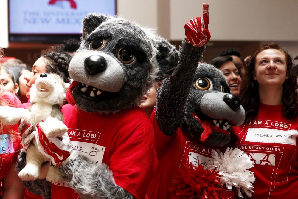 Lobo Louie and Lobo Lucy prepare to take pictures with UNM students for the annual Lobo Day celebration Friday afternoon at the SUB. Students gathered in the SUB Atrium to celebrate UNM’s 127th birthday.