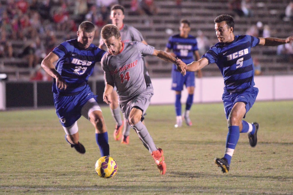 UNM midfielder Chris Wehan aims for the goal on Sunday night at the soccer complex against University of California Santa Barbra. Wehan scored two goals, leading the Lobos to a 2-1 victory. 