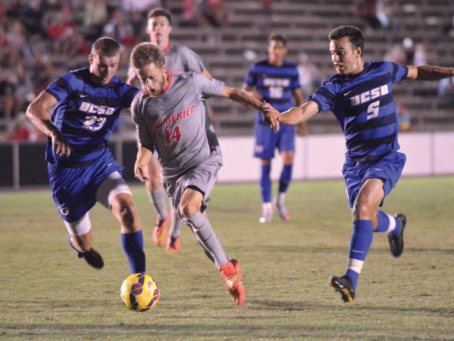 UNM midfielder Chris Wehan aims for the goal on Sunday night at the soccer complex against University of California Santa Barbra. Wehan scored two goals, leading the Lobos to a 2-1 victory.