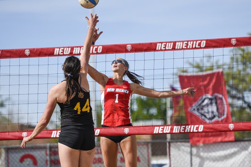 Senior Devanne Sours goes head to head with a Colorado Mesa player during a match on Friday, April 7, 2017 at Lucky 66 Bowl. On Saturday the Lobos beat Air Force 5-0.