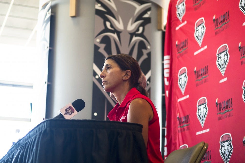 New Mexico women’s soccer head coach Kit Vela answers questions from the media at the Tow Diehm Athletics Center on Aug. 20. UNM announced on Thursday that it will not retain Vela for the 2015 season.