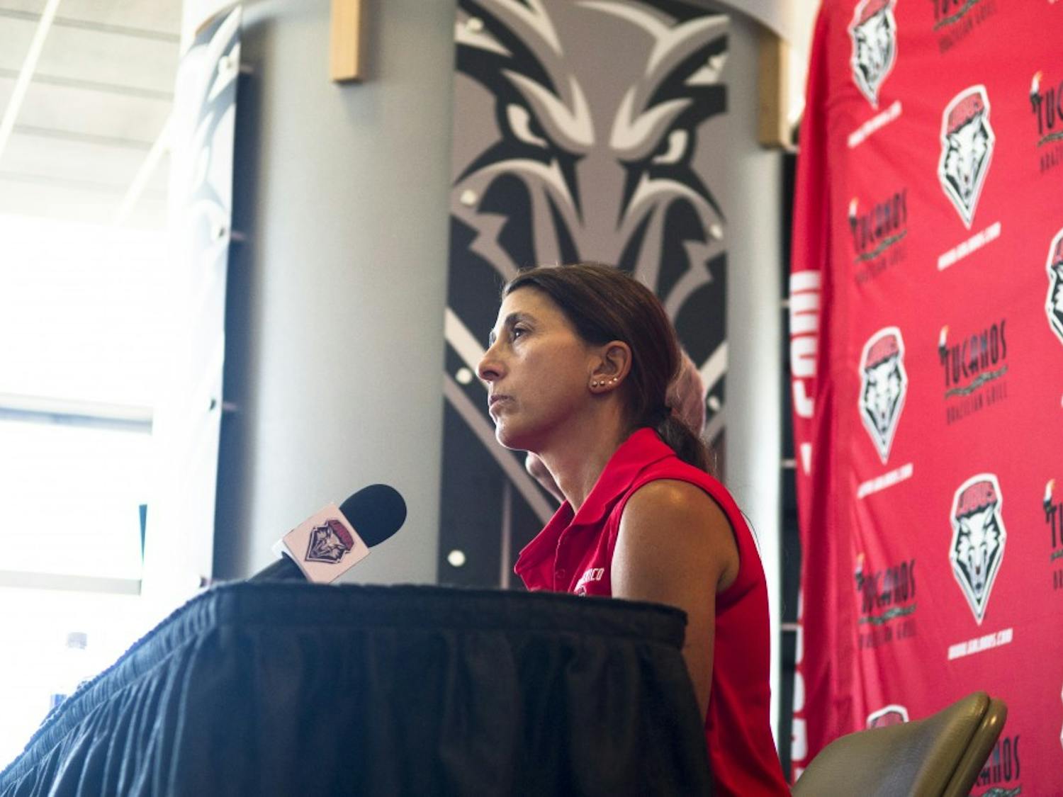 New Mexico women’s soccer head coach Kit Vela answers questions from the media at the Tow Diehm Athletics Center on Aug. 20. UNM announced on Thursday that it will not retain Vela for the 2015 season.