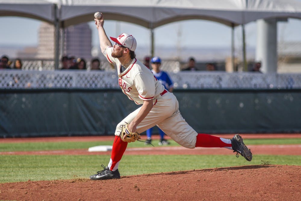 Redshirt senior Johnathon Tripp pitches against a San Jose State batter Saturday, March 12, 2017 at Santa Ana Star Field. The Lobos beat UNLV Saturday afternoon 4-2.&nbsp;