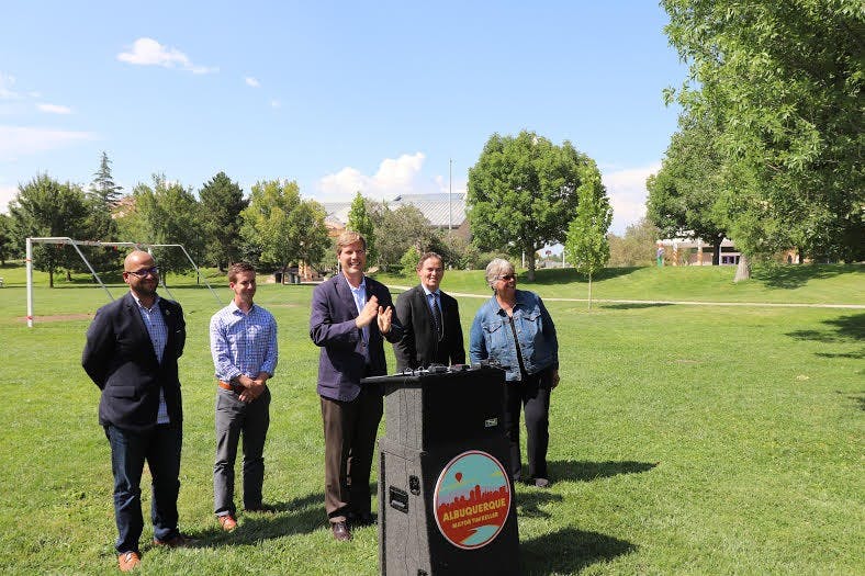 Albuquerque mayor Tim Keller speaks at a press conference Thursday August 16, 2018 urging the Board of Regents to stay any decision on cutting sports at the Special meeting Friday.