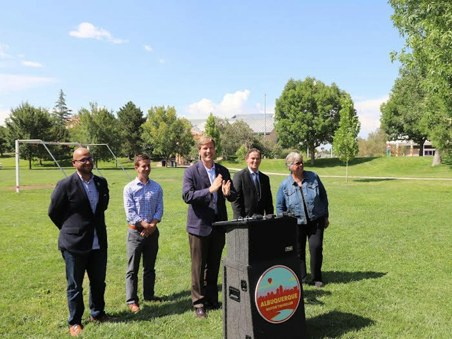 Albuquerque mayor Tim Keller speaks at a press conference Thursday August 16, 2018 urging the Board of Regents to stay any decision on cutting sports at the Special meeting Friday.