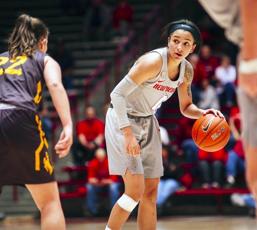 Cherise Beynon looks to make a pass in the 4th quarter against Wyoming on Feb 25th at WiesPies Arena