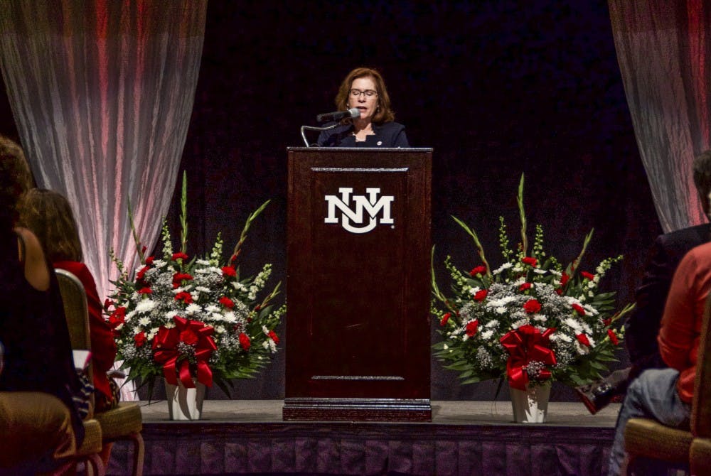 President Stokes addresses an audience during a State of the University speech in UNM SUB September 17, 2018.